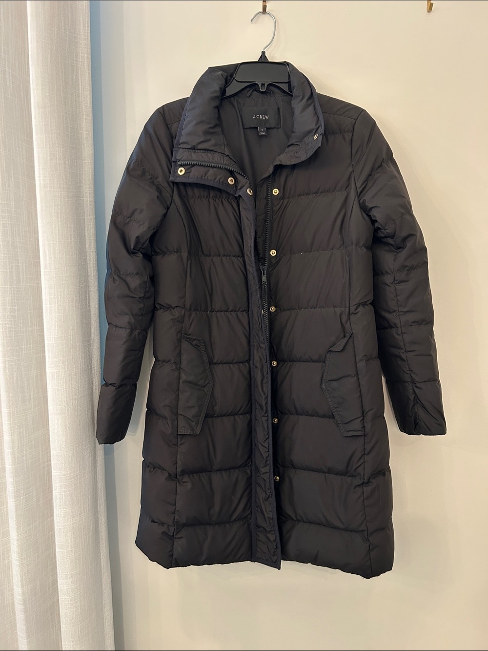 J. Crew Black Quilted Mid-Length Puffer Coat